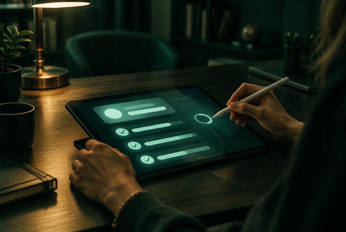 Nutricionista preenchendo um formulário no tablet
